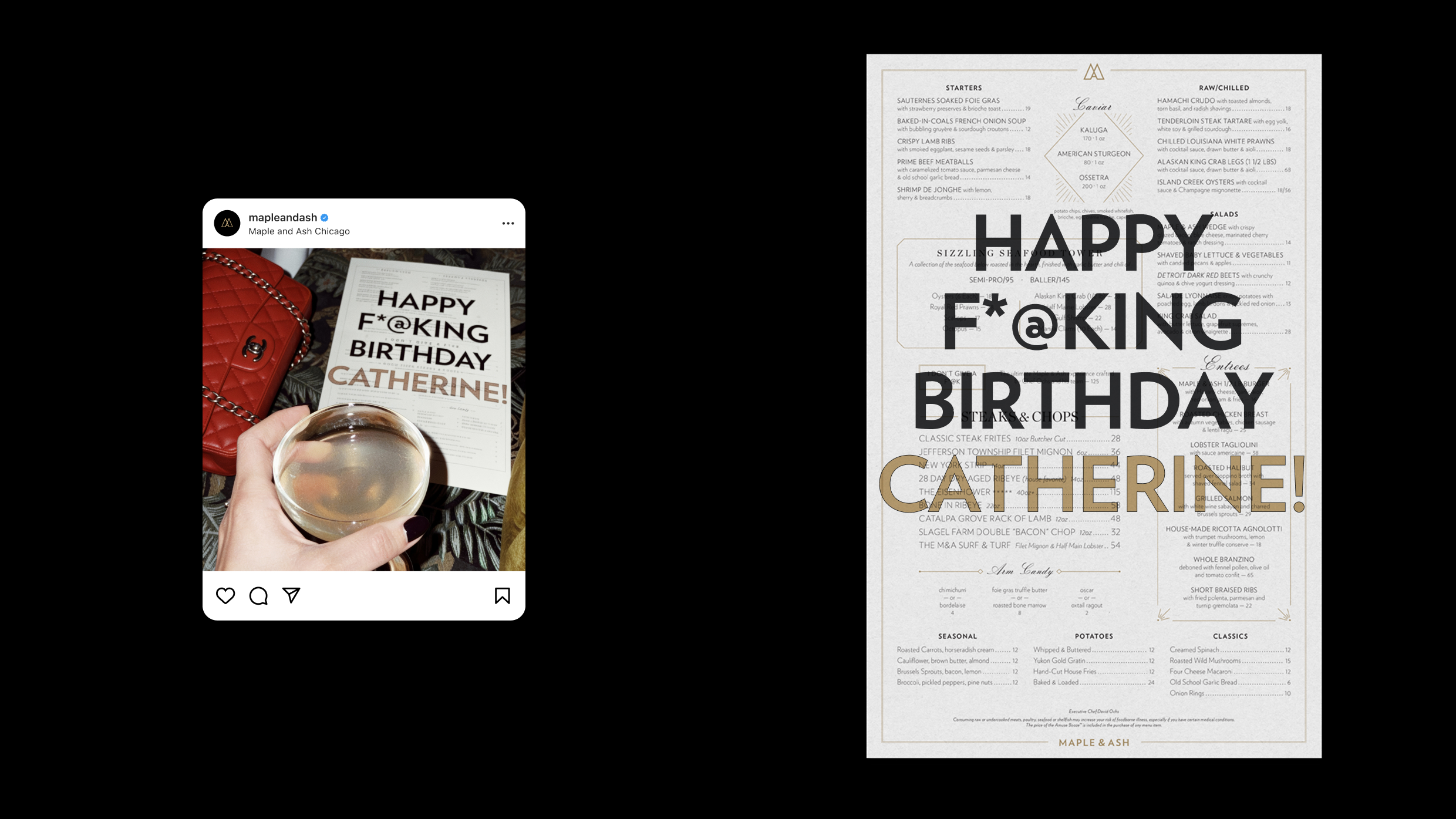 Maple & Ash personalized birthday menu Instagram post and printed close-up