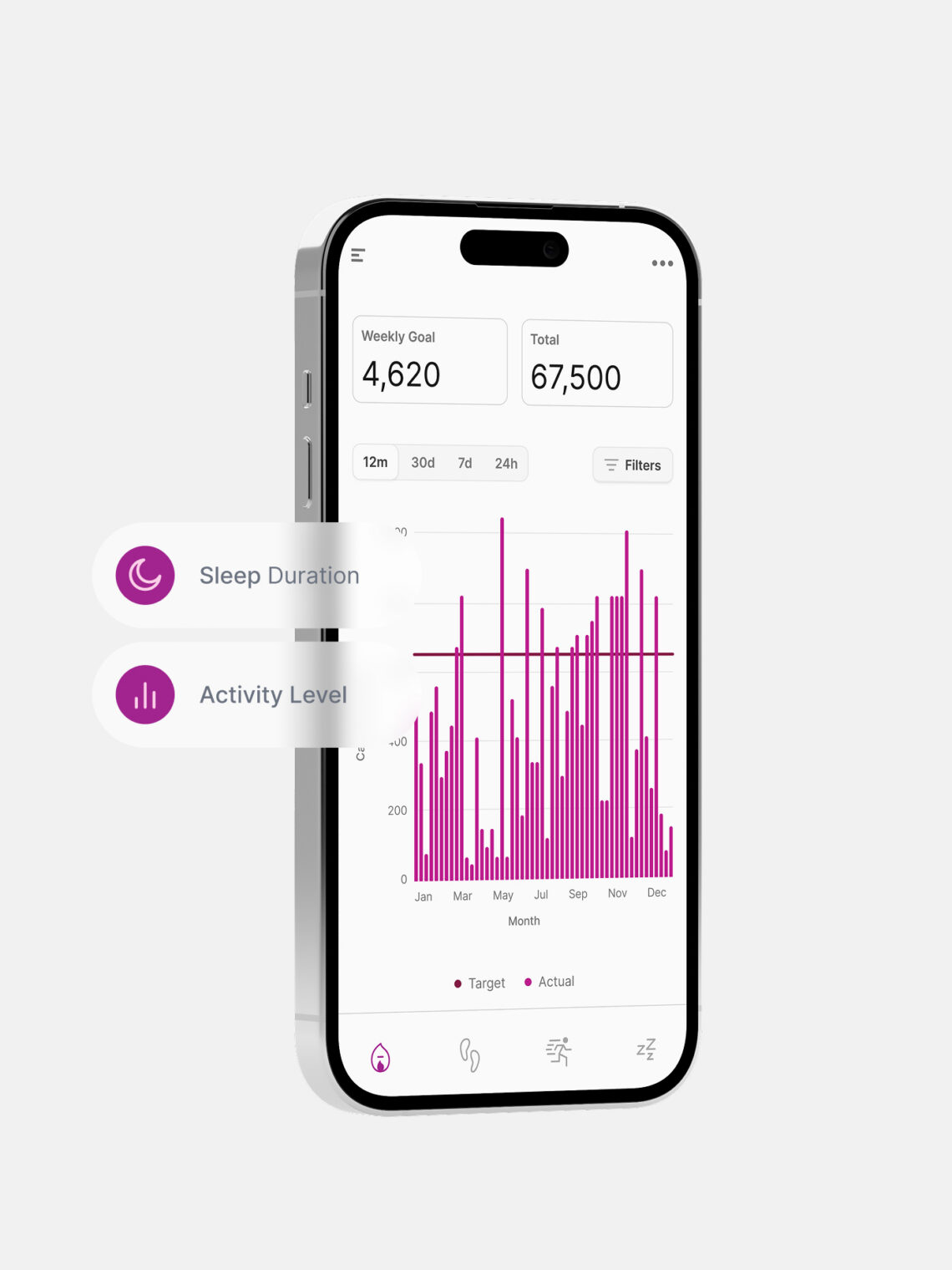 Smartphone mockup displaying Metria health app tracking metrics for sleep duration and activity level.