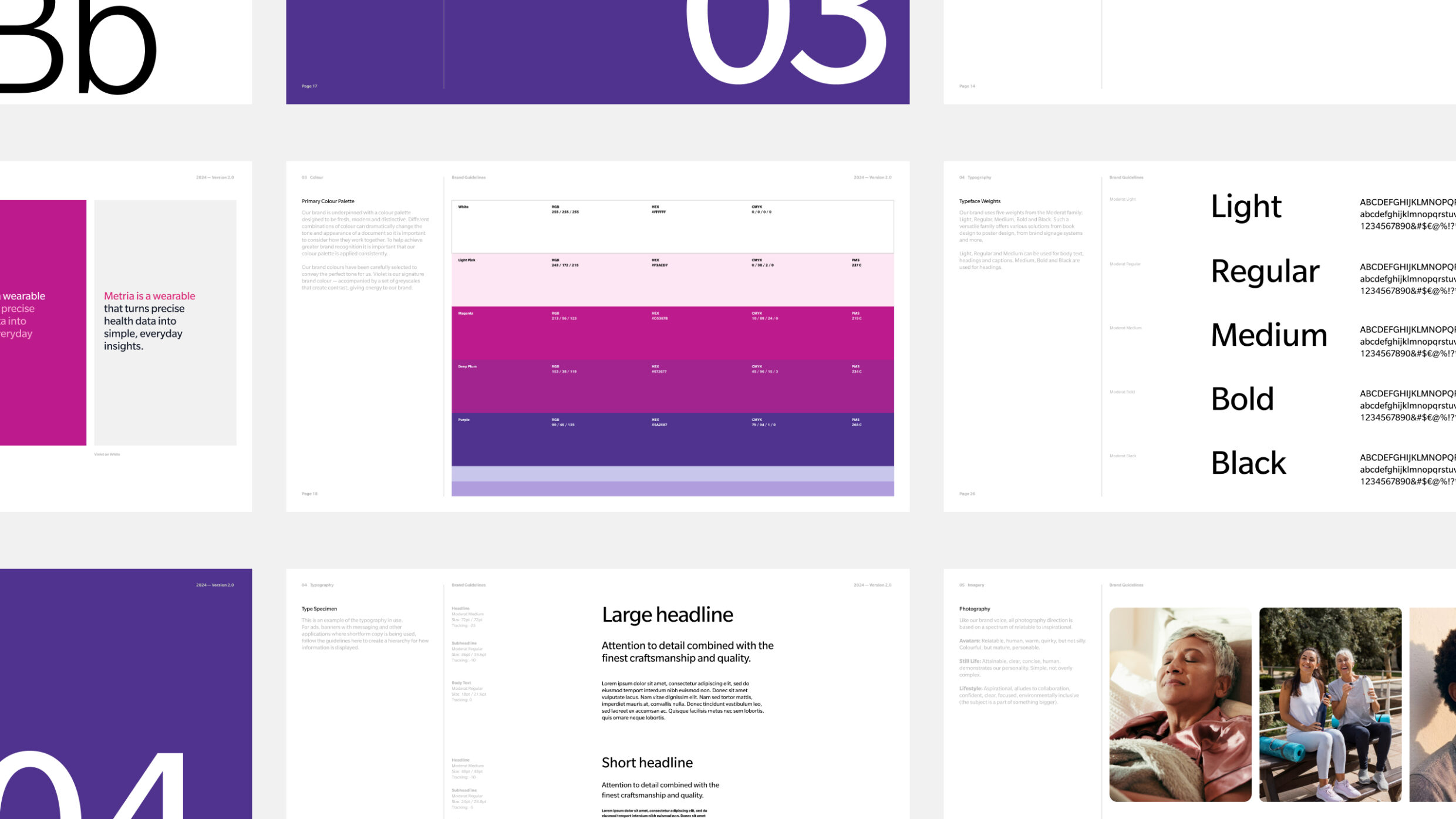 Grid layout of a brand guidelines document showing typography weights, color palettes, and imagery.