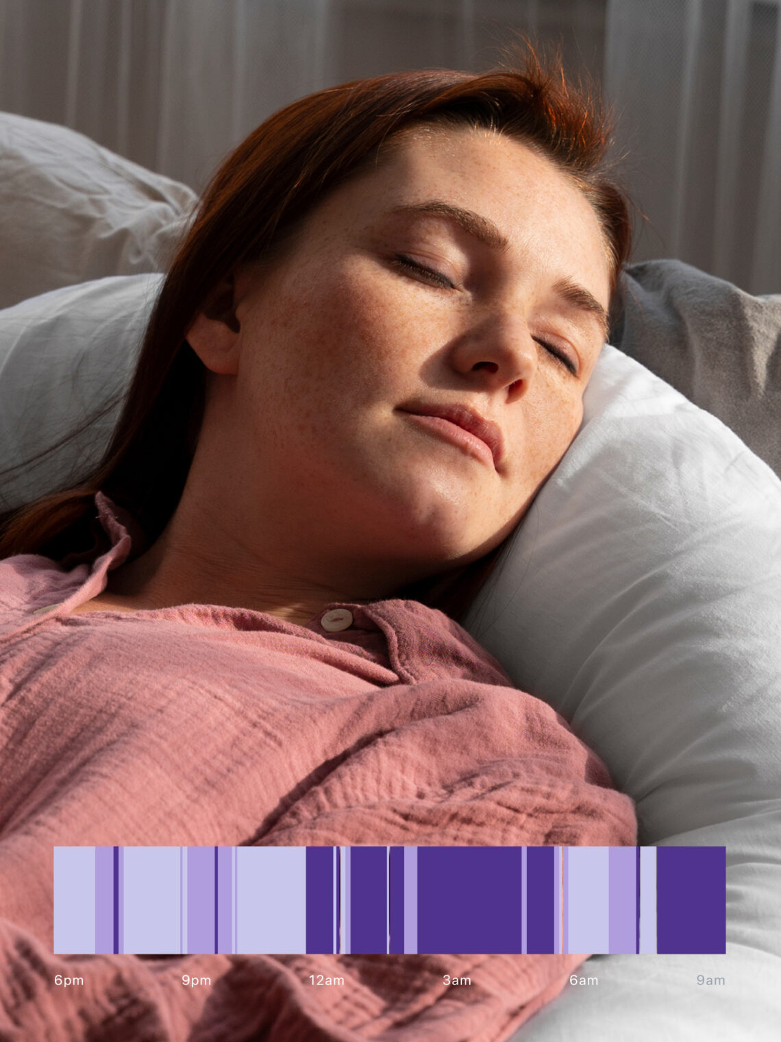 Woman sleeping peacefully in bed with a purple Metria sleep cycle tracking data overlay.