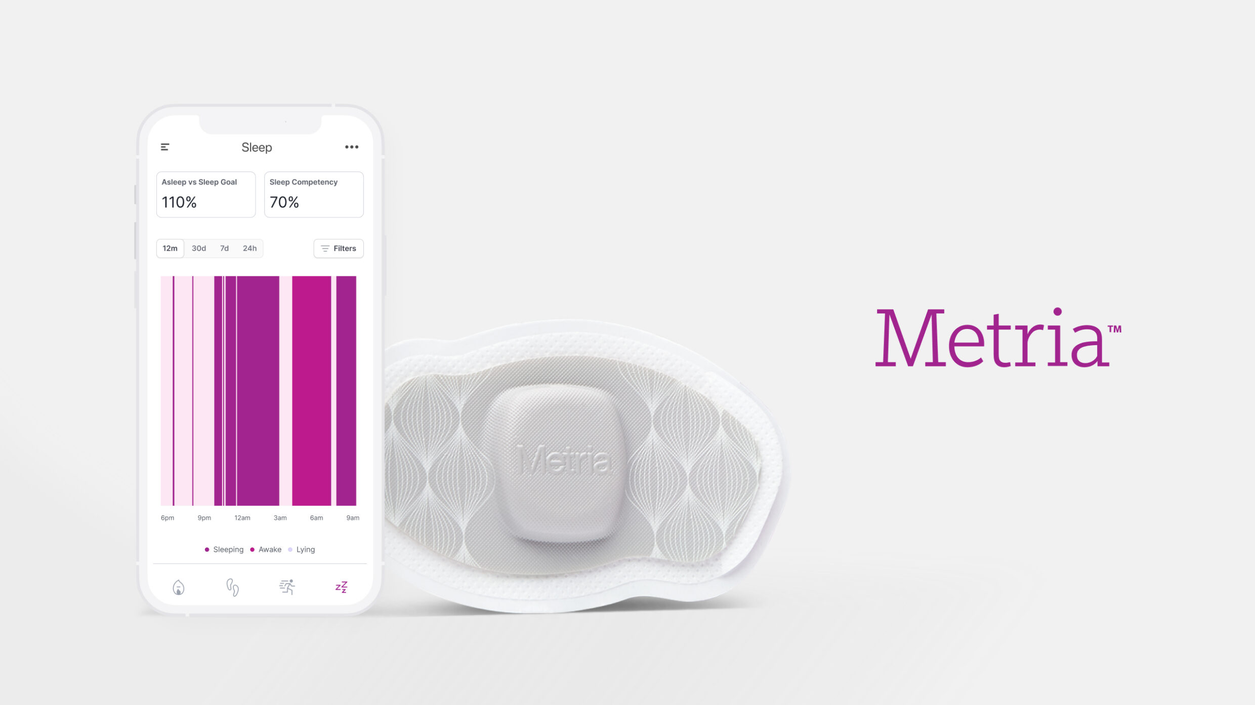 Metria wearable health tracking patch displayed next to a smartphone showing a sleep activity dashboard.