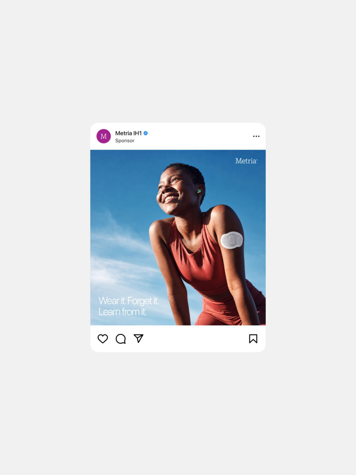 Sponsored social media post featuring a smiling woman running outdoors wearing a Metria health patch.