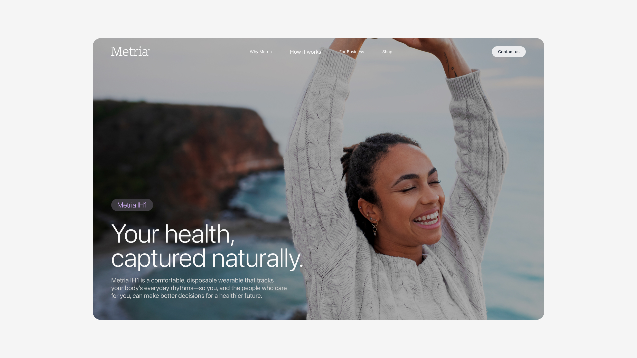 Homepage of the Metria website showing a smiling woman and the tagline, "Your health, captured naturally."