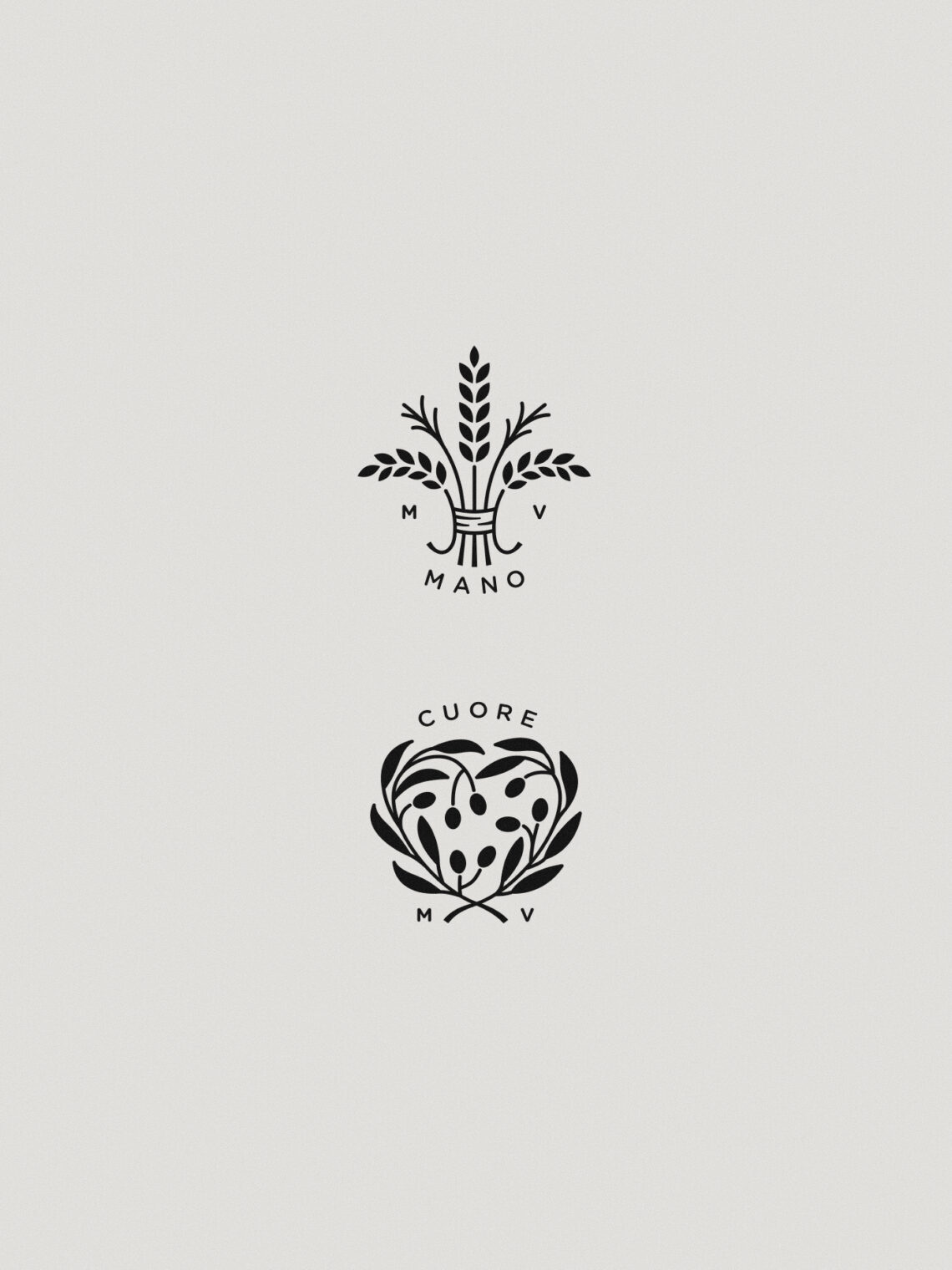 Minimalist black ink illustrations featuring wheat stalks and a heart-shaped olive branch.