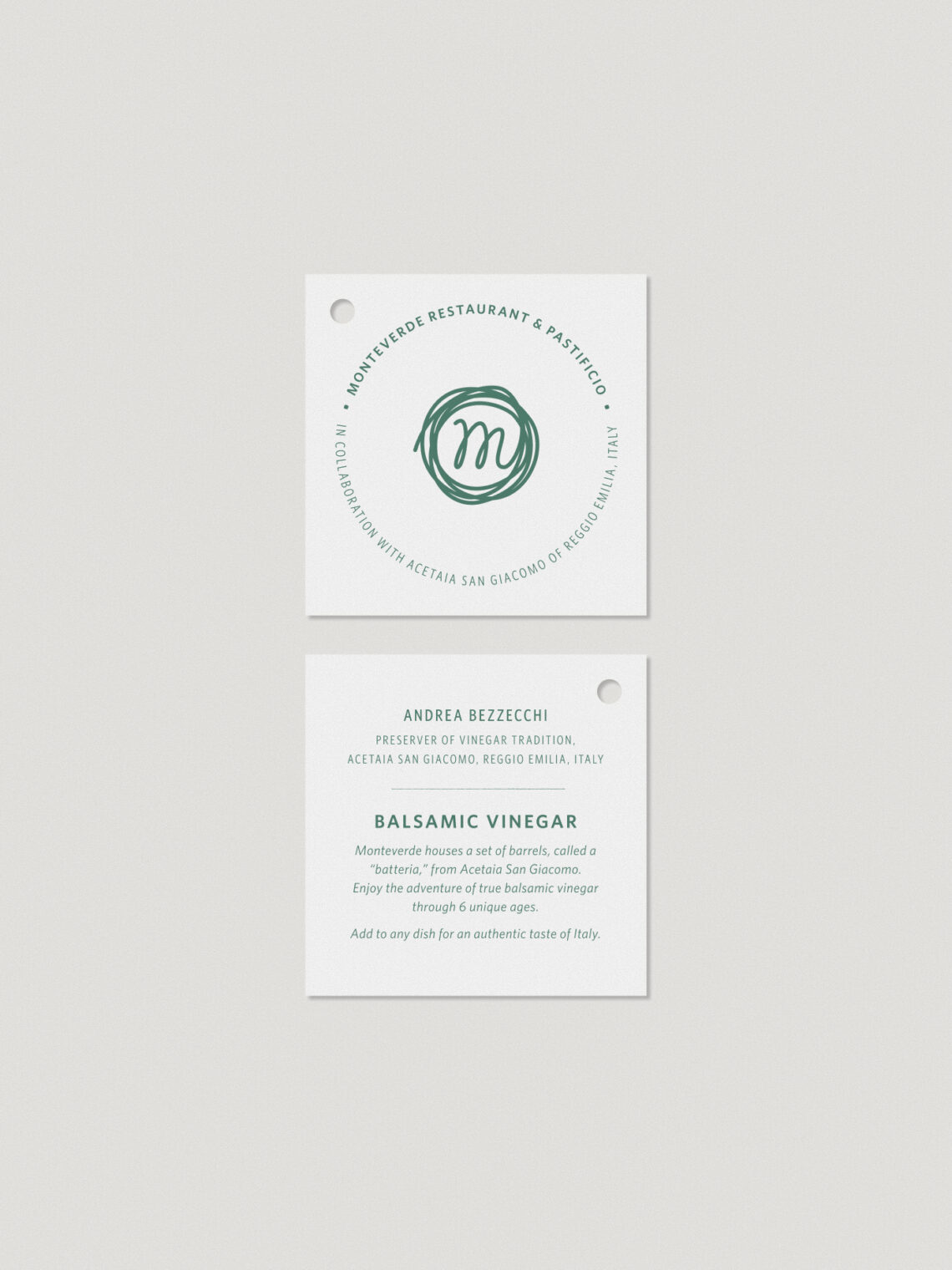 Minimalist white square labels for Monteverde restaurant's collaborative Italian balsamic vinegar.
