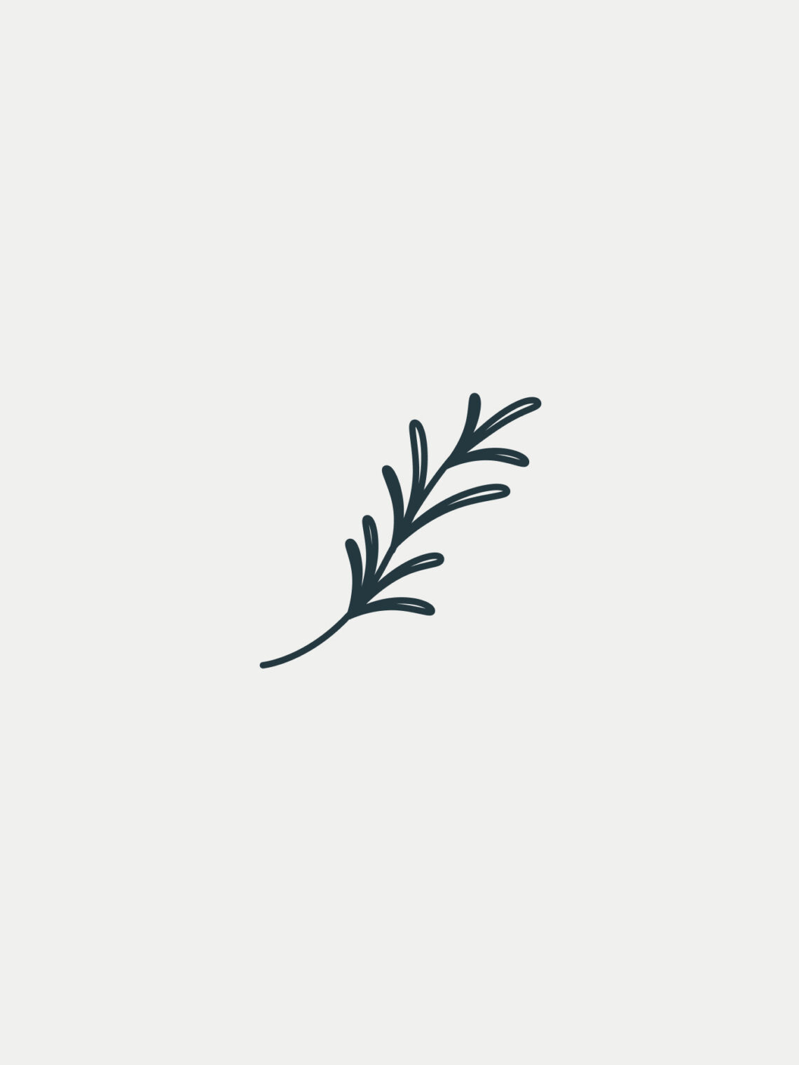 A simple, minimalistic dark green line drawing of a single leafy branch is centered on a plain white background.