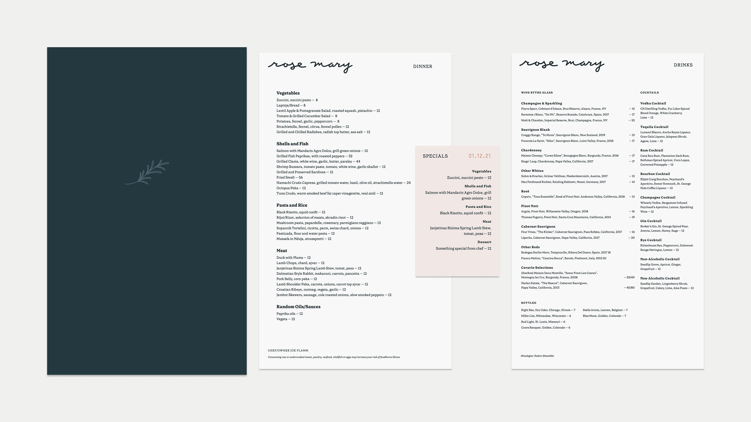 Three restaurant menus for Rose Mary are shown: a closed dark green cover with a small branch, and two open menus listing dinner items such as vegetables, salads, pasta, meat, and specials on a light background.