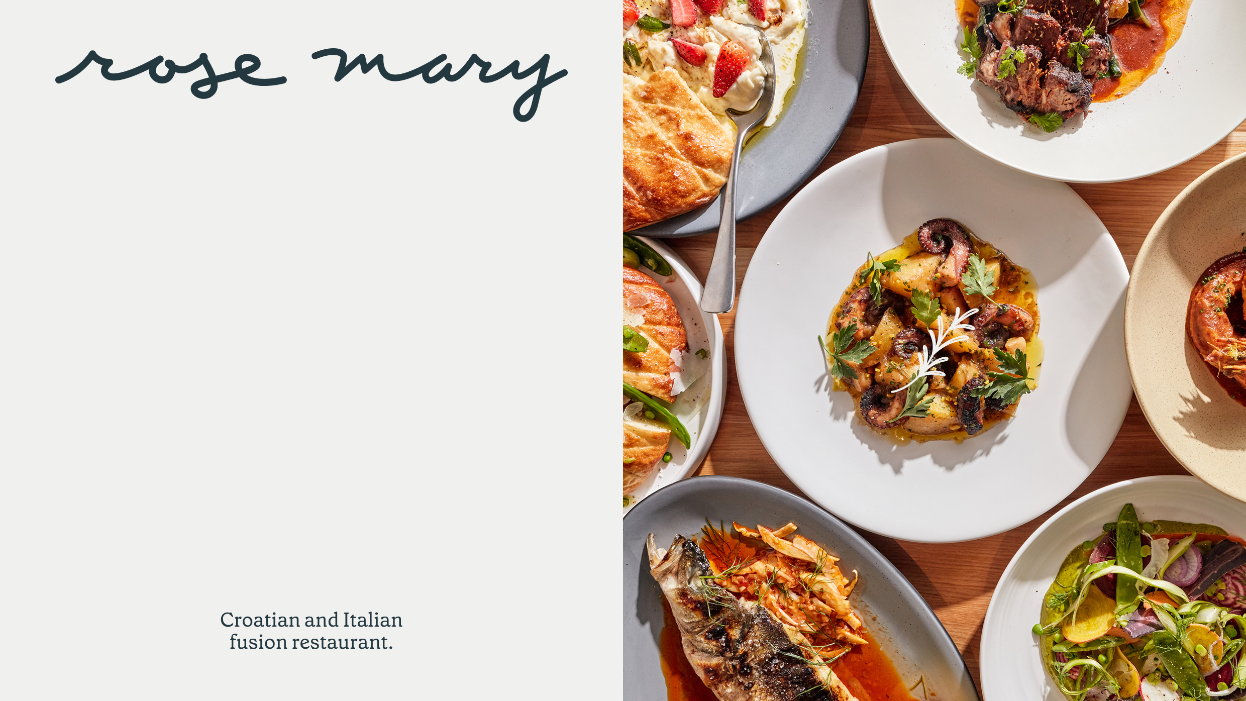 Split image: Left side shows rose mary handwritten with text below reading Croatian and Italian fusion restaurant. Right side displays plates of assorted dishes, including grilled fish, salad, bread, and pasta on a wooden table.