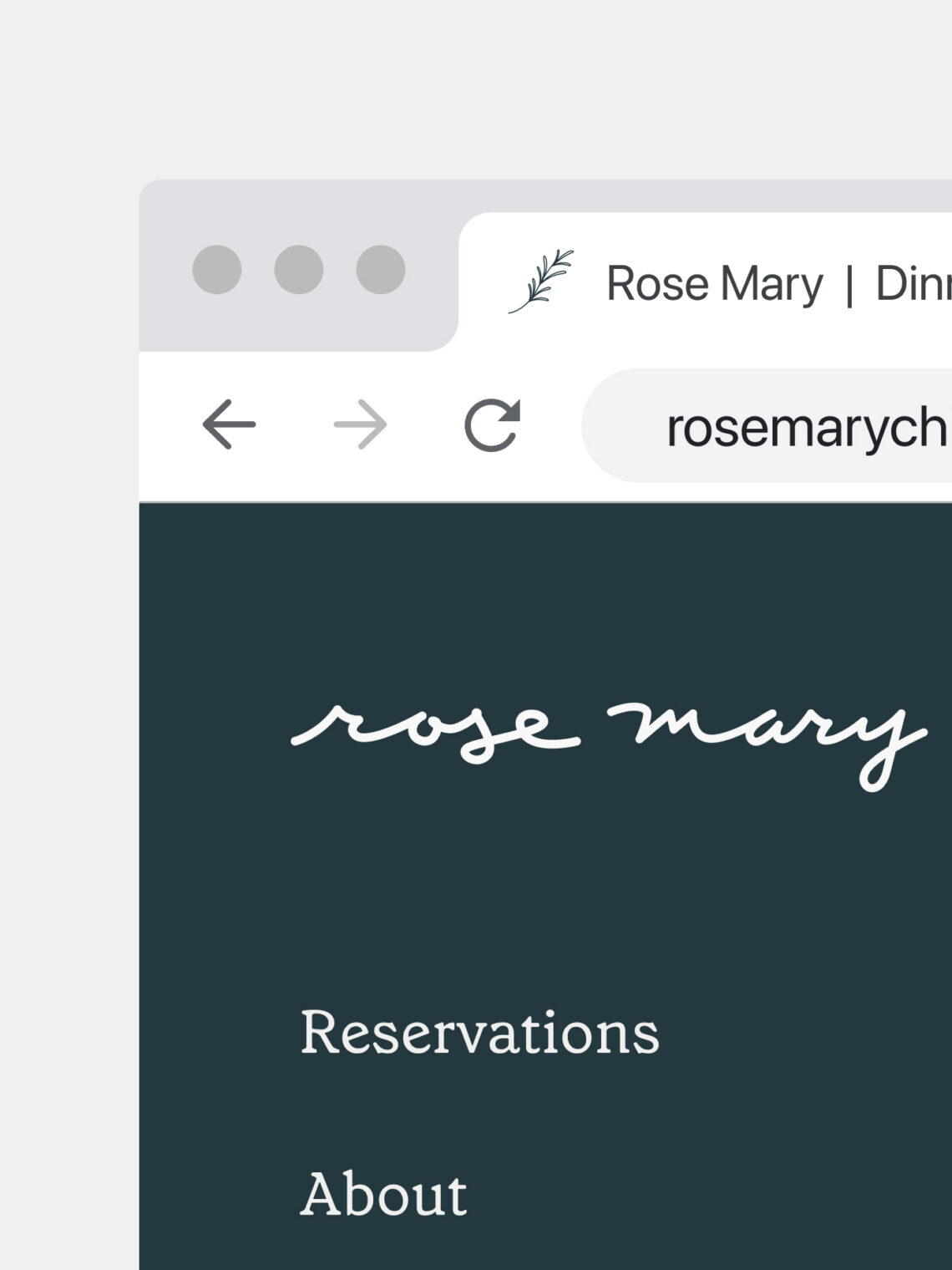 Desktop browser mockup showing the clean typography of the Rose Mary website.