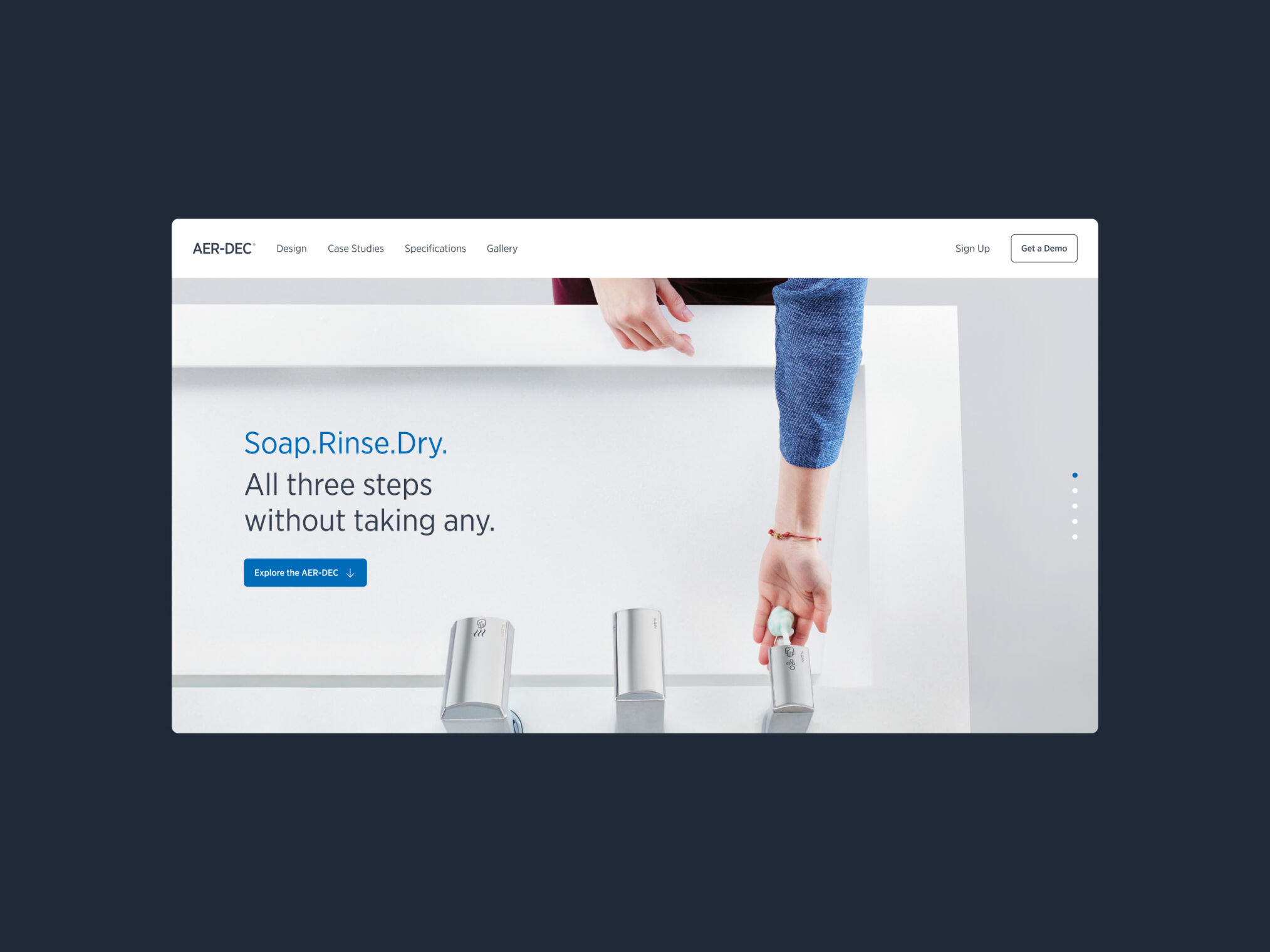 Website homepage banner showing a hand catching foam soap at an AER-DEC sink.