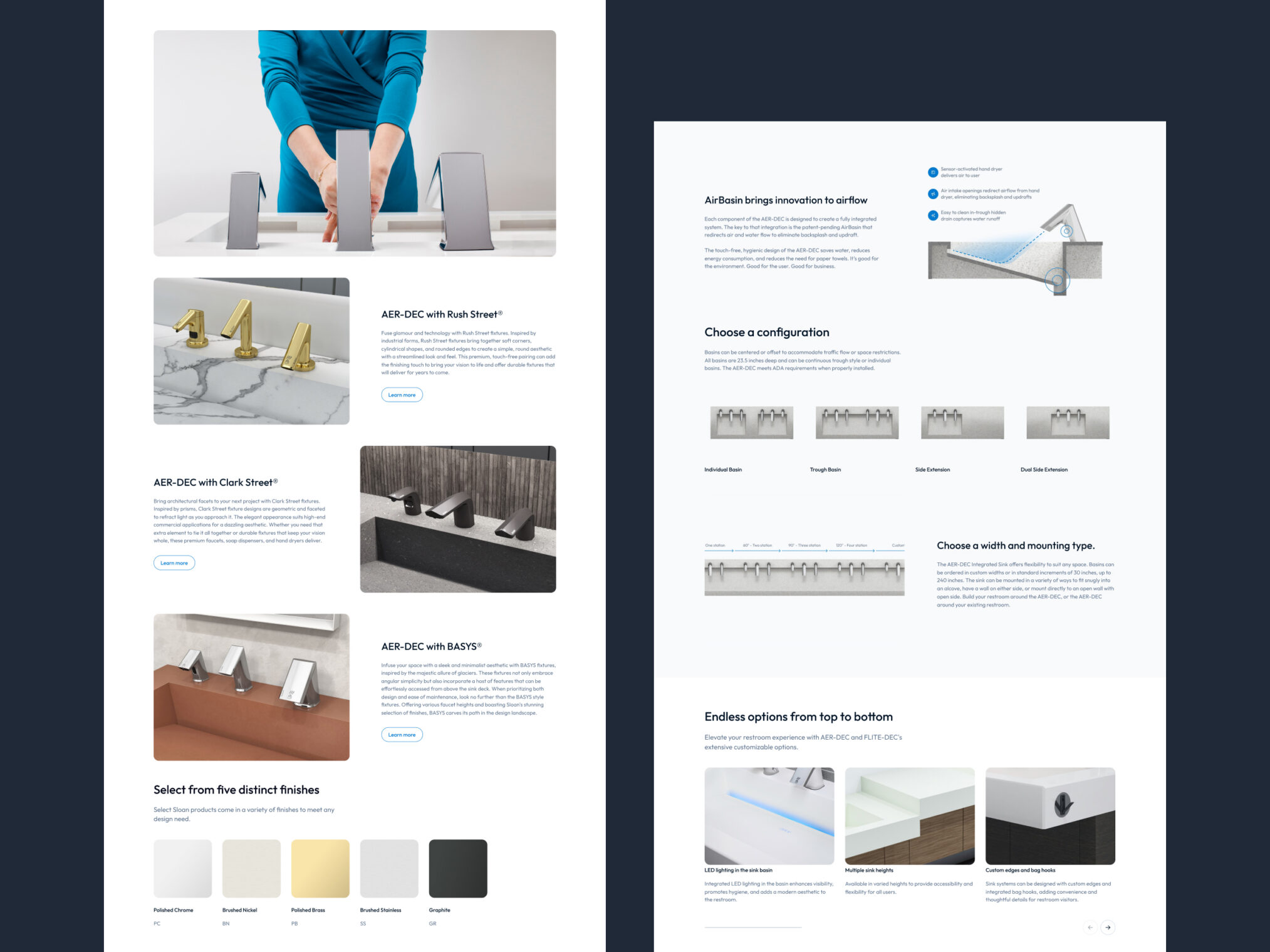 Two scrolling web pages showcasing AER-DEC features, configuration models, and finish choices for a sink.