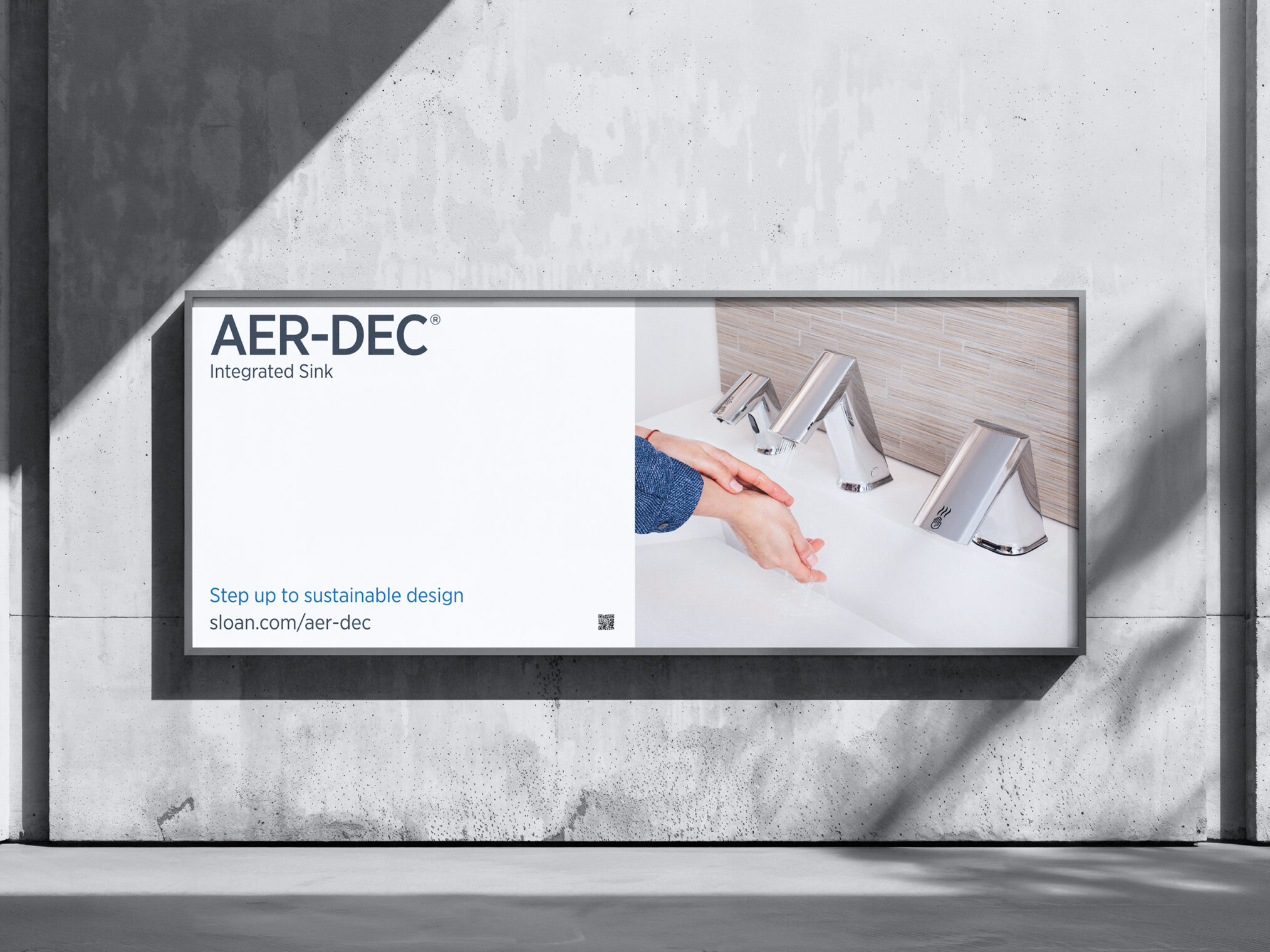 Rectangular commercial outdoor advertisement banner showing hands washing under an AER-DEC faucet.