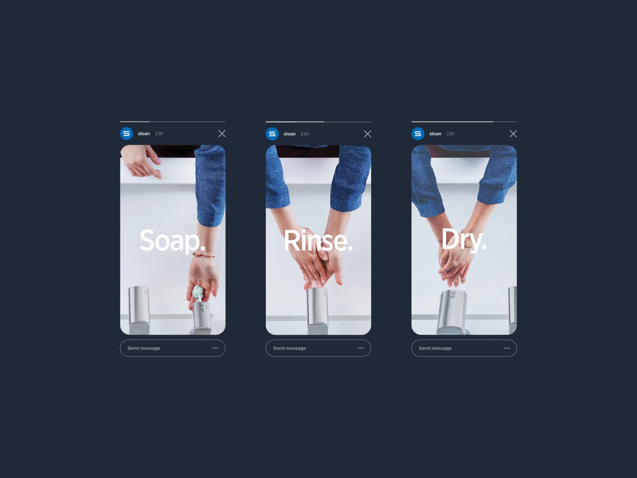 Three smartphone screen layouts displaying sequential steps for soap, rinse, and dry functions.