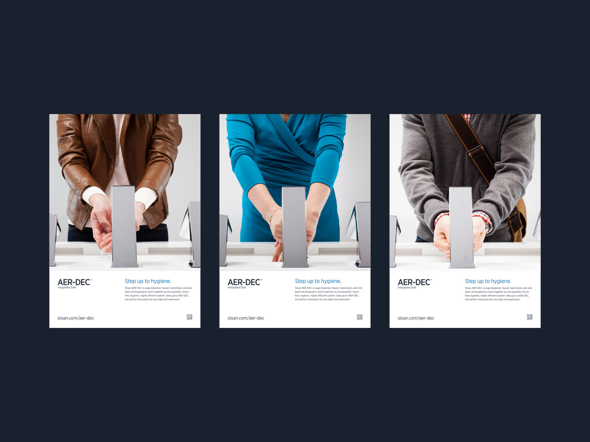 Three promotional marketing posters side-by-side demonstrating commercial hand washing with the tagline Step up to hygiene.
