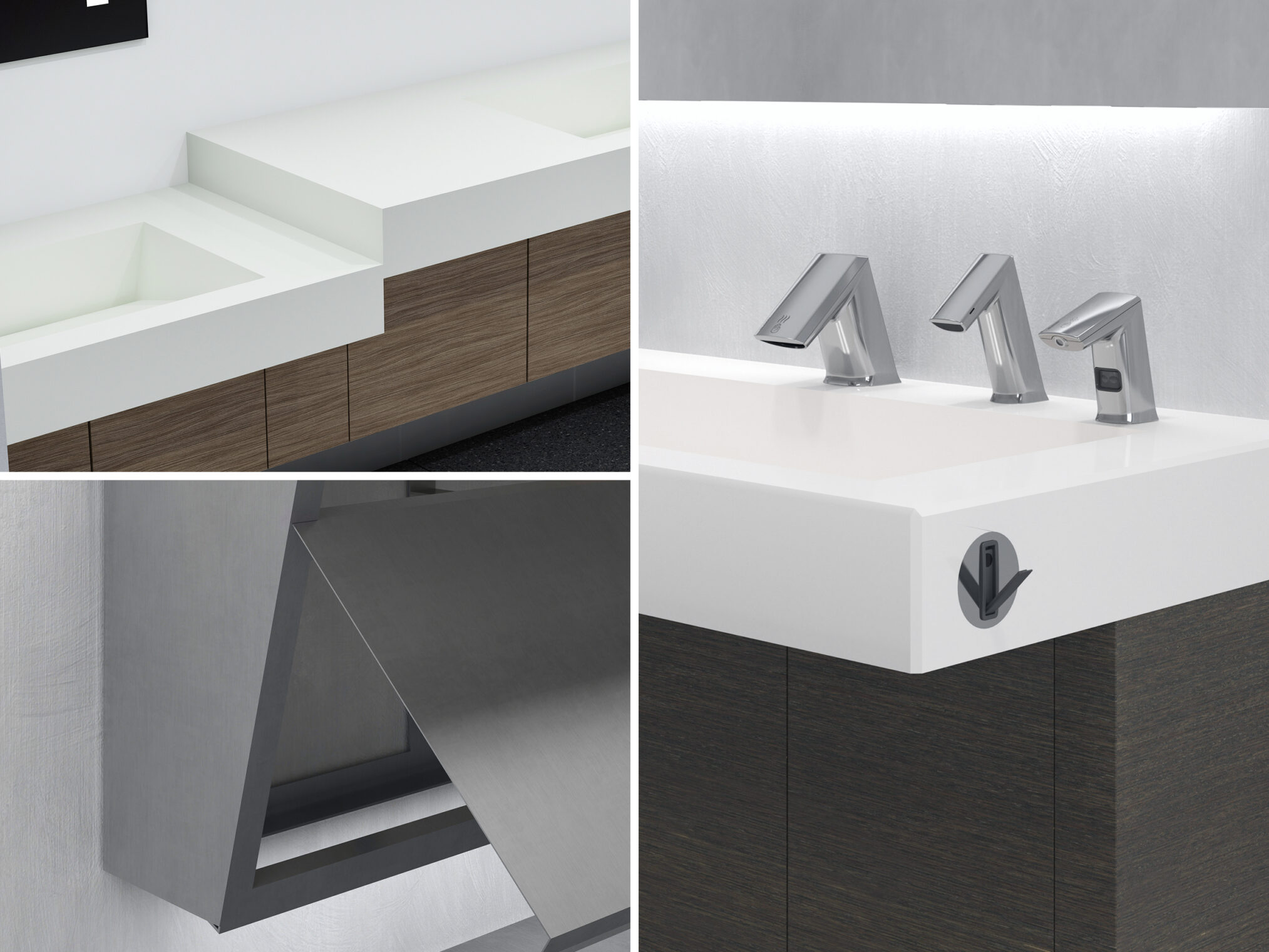 Three distinct product design renderings highlighting commercial restroom sink basins, cabinets, and automated faucets.