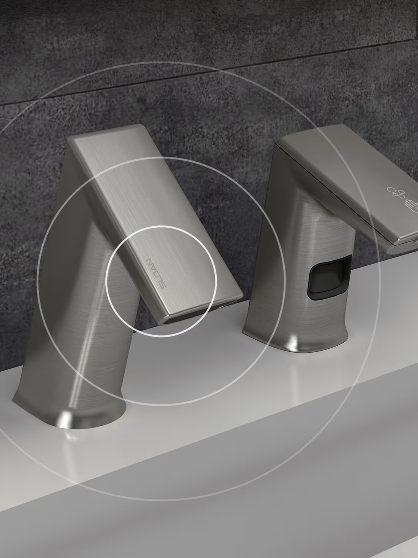 Sloan touchless commercial sensor faucet and soap dispenser with wireless connectivity indicators.