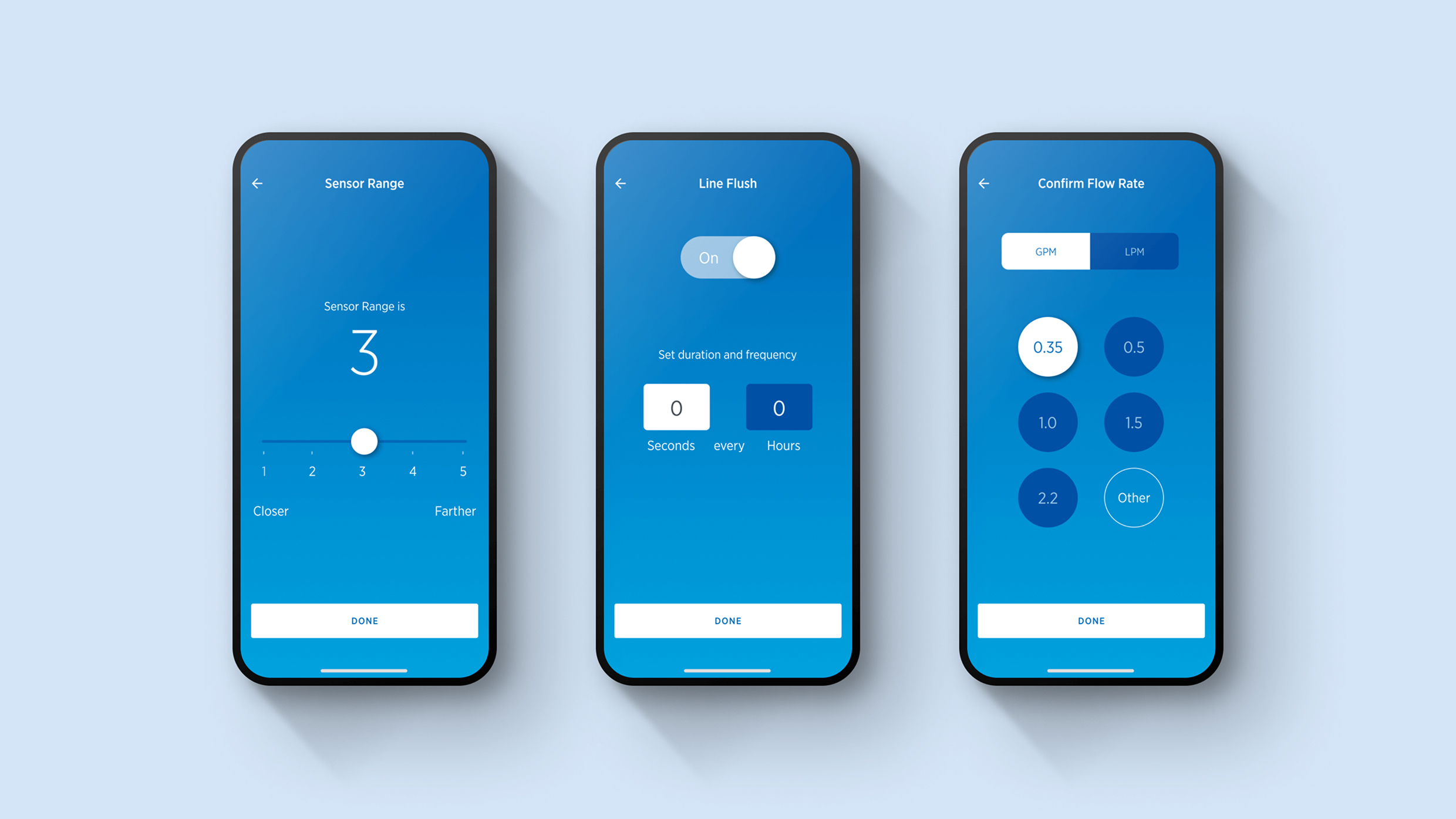 Three smartphones side-by-side showing SloanConnect app settings for sensor range, line flush, and flow rate.