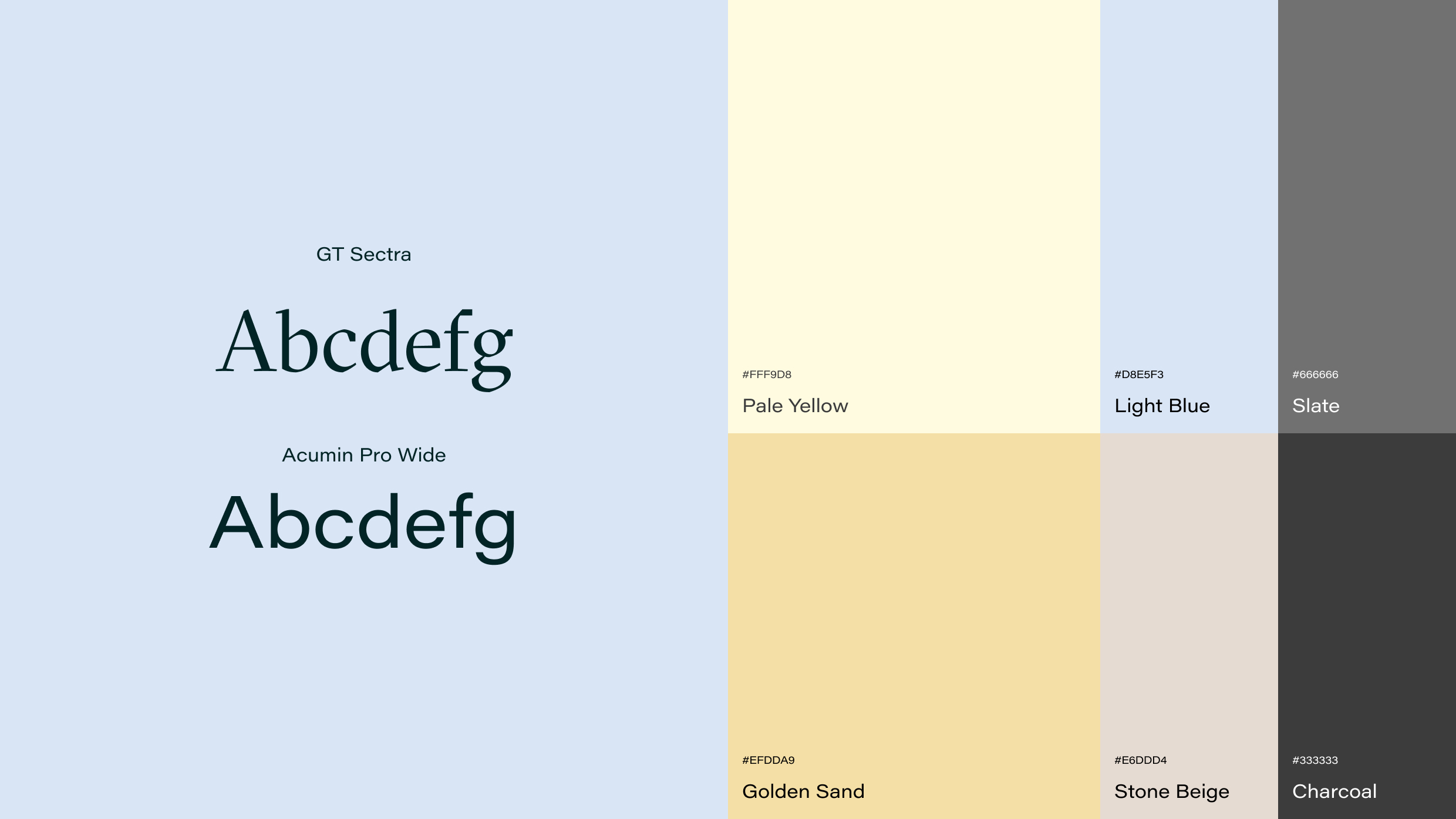 Brand guidelines showing GT Sectra and Acumin Pro Wide fonts alongside a six-color palette.
