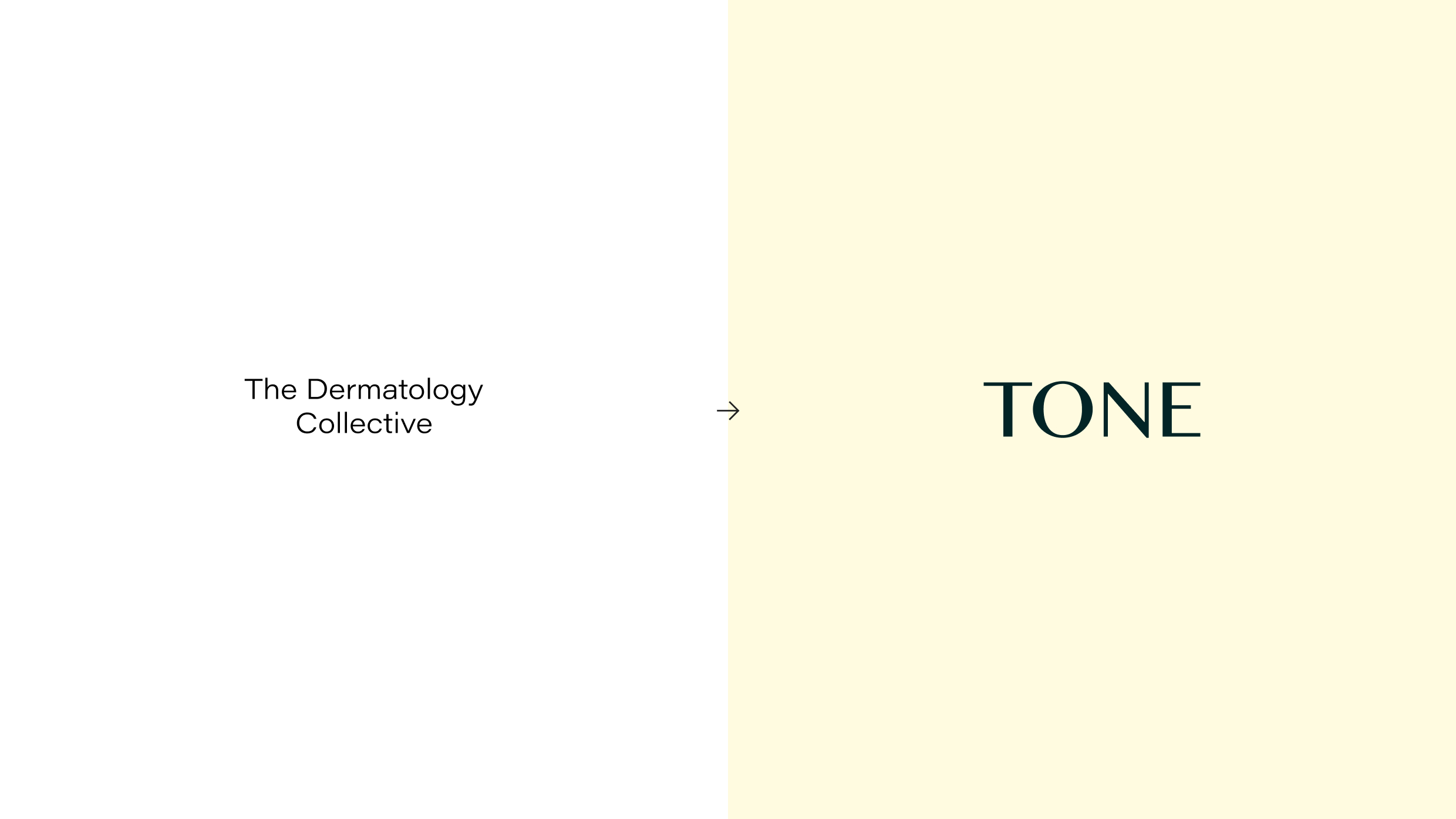 A minimalist image showing the rebranding from "The Dermatology Collective" to the new name "TONE."