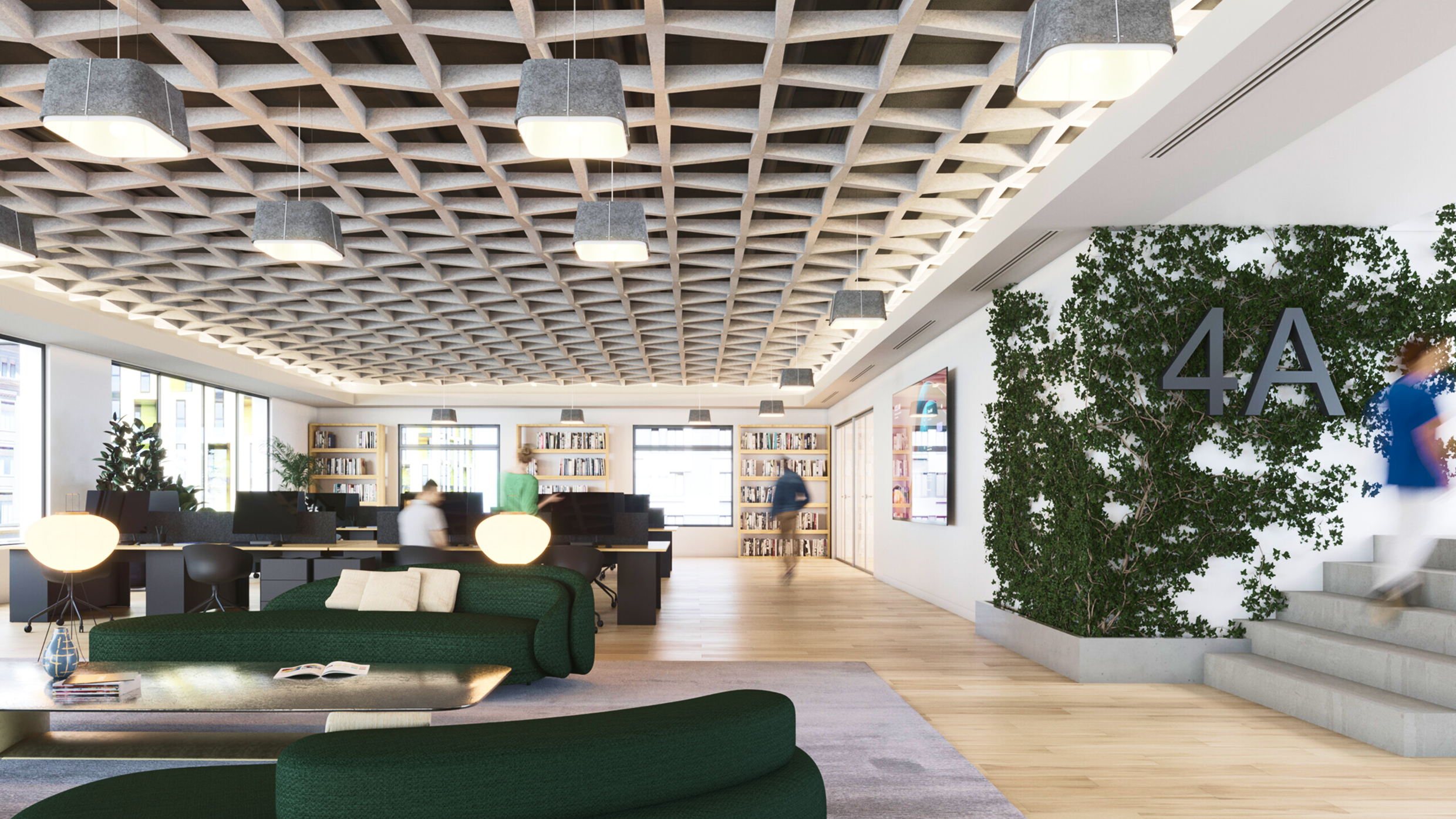 Modern open-plan office featuring a coffered acoustic grid ceiling, pendant lights, green curved sofas, workstations, and a plant wall labeled "4A" next to stairs.