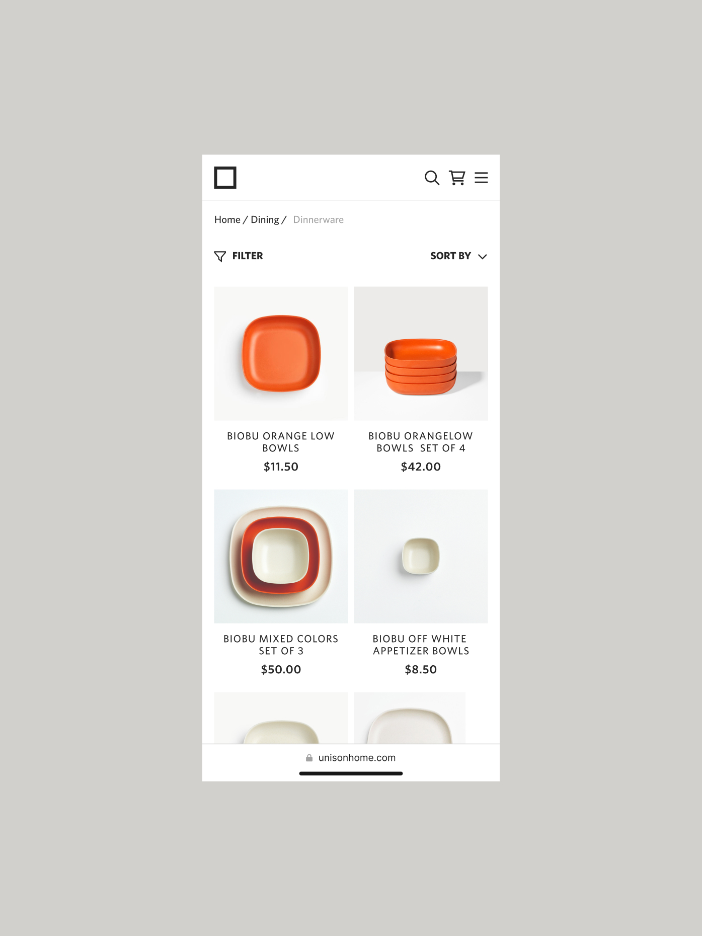 Mobile interface for Unison showing dinnerware product listing page.